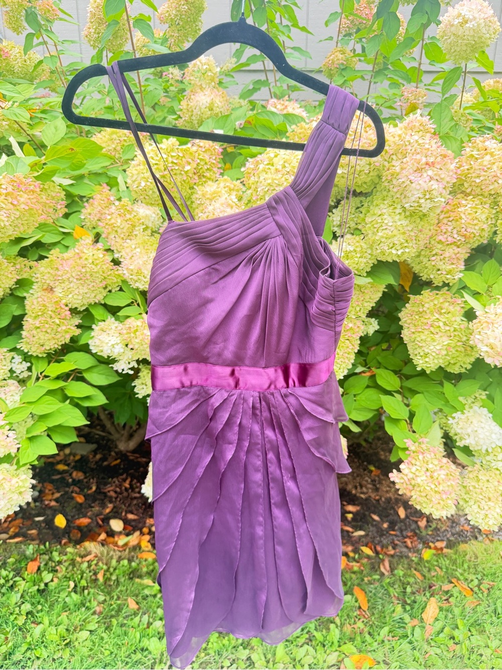 Adrianna Papell One-Shoulder Plum Cocktail Dress with Satin Waist